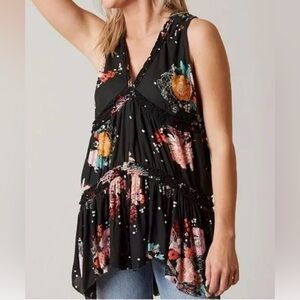 FREE PEOPLE Purple Haze Boho Floral V-Neck Tiered Ruffle Hi-Lo BLK-Multi Tunic S